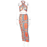 2021 Paisley Print Sleeveless Halter Sexy Top Maxi Dress Sets Backless Bodycon Sexy Party Elegant Club Y2K Robe
