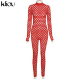 Kliou See Through Hollow Out Sexy Zipper Jumpsuit Women Turtleneck Net Plaid Hole Skinny Elastic Club Streetwear