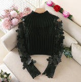 Flower Puff Sleeve Women Sweater Slim Short Style Patchwork Round Neck Knitting Female
