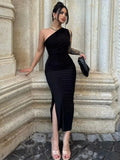New Women Summer Sexy Split Black Sleeveless Backless Slim Dress Female Fashion Off Shoulder Club Elegant Party Maxi Dress-Outfit