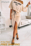 Women 2pcs Short Sleeve Slash Neck T Shirt Loose Letter Print Casual Top & Slit Drawstring Skirt Set Summer High Waist Skirts-Outfit
