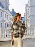 Fashion Casual Plaid Hollow Out Strap Double Bubble Sleeve Shirt Women's Top-Outfit