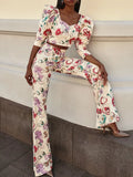 Women Elegant Linen Flower Printed Slit Midi Skirt Suit Chic Puff Sleeves Backless Crop Top Set Summer Lady High Streetwear 2024-Outfit