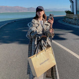 New Double-Breasted Loose Trench Coat with Belt Plaid Duster Coat for Lady Spring Autumn Female Outerwear Loose