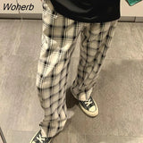 Women Wide Leg Trousers High Waist Plaid Ulzzang Chic Retro All-match Students Basic Classic Streetwear Baggy Simple Cozy-Outfit