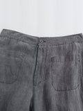 2023 Women Summer Casual Solid Straight Pants Linen Pockets Button Female Fashion Street Elegant Trousers Clothing-Outfit
