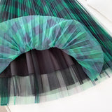 Cute Plaid Tulle Skirt Women Fashion Korean School Checked High Waist Pleated Maxi Skirt Female For Spring Summer QH2227-Outfit