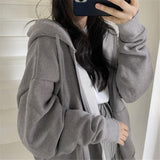 Up Hoodies Women Korean Style Solid Color Oversize Hooded Sweatshirt Jacket Casual Long Sleeve Loose Coats Girls Hoodie Tops