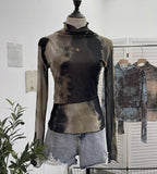 Shooting Denim Pattern Dye Printing Retro Babes Thin Mesh T-Shirt High-Necked Long Sleeve Bottom Shirt Top