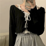 Tshirt Women T Shrit Wave Side Lace-up Cardigan Top Korean Autumn Repair Body Short Long-sleeved T-shirt Harajuku