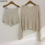 2 Piece Sets Women Outfits Long Sleeve Pullover Women 's Tops High Waist Casual Shorts Elegant Lady Office Suit Knit New-Outfit