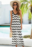 Black Romantic Strap Sleeveless Striped Print Hollow Out Midi Loose Holiday