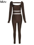 Kliou Sheath Concise Jumpsuit Women Herfst Unique Truncated Mesh See Through One Pieces Slim Simple Casual Female