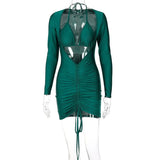 Long Sleeve Bandage Hollow Out Ruched Bodycon Mini Dress 2021 Autumn Winter Women Fashion Y2K Slim Streetwear