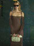 BOOFEENAA Classy Off The Shoulder Long Sleeve Bodycon Dresses for Women Sexy Fashion Brown Black Rib Knit Maxi Dress