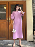 Woherb Chic Summer Sweet Age Reduction Round Collar Side Open Fork Loose Casual Long Bubble Sleeve Hoodie Dress Female-Outfit