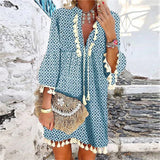 2021 Summer V Neck Tassel Beach Dress Spring Vintage Floral Print 3/4 Sleeve Party Dress Women Casual Loose A-Line Dress