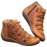 Arch Support Ankle Boots Casual Cross Strappy Side Zipper Winter Short Leather Boots Vintage Punk Flat Shoes Lady 2019