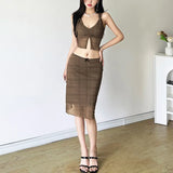 Woherb Summer New Women's Wear Waist Draw Pleated Plaid Crop Small Vest Slim Skirt-Outfit