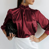 Women Satin Blouse 2022 Fashion Elegant Tunic Slik Tops Autumn Solid High Collar Shirt Long Sleeve Party Blusas