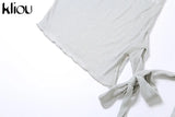 Kliou Knitted Dress Women Sexy See Through X-Long Hoody Tops+One Shoulder Drawstring Ruched Robe Skirt Hipster Future