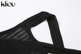 Kliou Sexy Sleeveless Cross Top And Pants Two Piece Set Women Solid Club Outfits Midnight Party Wear See Through Skinny