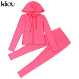 Kliou autumn new women hooded zipper pocket long sleeve tops sporty leggings matching set workout bodycon casual stretchy
