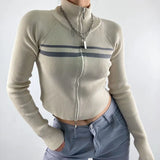 Chic Knitting Tops y2k Women Zip Up Stand Collar Striped Long Sleeve T Shirt 2000s Grunge Clothes Fashion Streetwear-Outfit