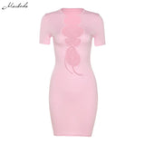 Summer Sexy Hollow Out Lace Up Dress Women Solid Short O Neck Slim Clothing Lady Fashion Street Mini Dresse 2021
