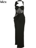 Kliou Halter Mesh Maxi Dress Women Wrapped Chest Asymmetrical Side Spilt Vestido Lady Girl Sexy Elegant Robe Party