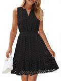 Women's Summer Sleeveless Dress V Collar Hollow Pores High Waist A Skirt Swing Short Party