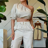 Woherb 2024 New Fashion Diagonal Collar Rotator Sleeve Top Casual Wind Pants Two-Piece Set-Outfit