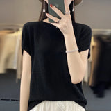 Woherb Line Of Clothing Worsted Short Sleeve Female Round Collar Loose Thin Bat Sleeve Vest Shirt Hollow Out Outside The Hair-Outfit