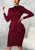 Formal Bow Long Sleeve Solid Knee-Length Office