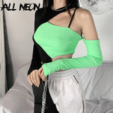E-girl Punk Style Open Shoulder Hollow Out Patchwork T-shirts Y2K Fashion O-neck Long Sleeve Crop Green Tops