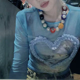 Gauze Heart Sweet Blue T-Shirt Women Tie Dye Crew Neck Y2K Streetwear Mesh Elastic Butterfly Tops Full Sleeve Tees Clas-Outfit
