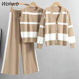 Women's Knitted 3 Piece Sets Casual Striped Sweater Suits Knit Cardigan Coats+pullover Vest Tops+knitwear Wide Leg Pants Outfits-Outfit