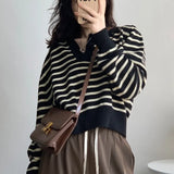 Striped Sweater Women 2022 New Korean Warm Knitted Female Tops Loose Turn Down Neck Ladies Cashmere Short