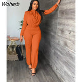Long Sleeve Blouse Straight Pants Set 2 Piece Suit Office Ladies Solid Straight Trousers Fall/Winter 2pcs Outfits Women-Outfit