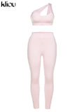 Kliou Sporty Solid Two Piece Set Women Skinny Inclined Shoulder Hole Cleavage Tank Tops+ Concise Stretchy Pants Workout
