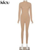 Kliou solid turtleneck full sleeve jumpsuits classic one piece women fitness slim rompers zipper long overall skinny