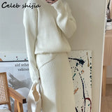 Sweater and High Waist Skirt Women Winter Thicken Knitted 2 Piece Sets Korean Apricot Elegant Woolen Two Piece Sets