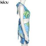 Kliou Tie Dry Two Piece Set Women 2021 Sexy Halter Sequined Beachwear Cleavage Crop Top+Mini Skirt Suit Female платье