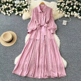 Elegant Dress Women Autumn Fasting Small High-Grade Lace Splicing Single Buckle Waist Over Knee