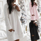 Autumn Winter New Fashion O Neck Women's Casual Straight Dress Long Sleeve Pocket Ladies Sexy Flannel Mini Dresses