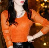 Spring Plus Size Bright Silk Prom Party Women T Shirt Transparent Sleeve Round Neck Spring Female Tee