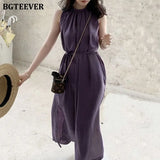 Vintage Sleeveless Purple Dress for Women Summer O-neck Slim Waist Lace-up Vestidos Split Elegant Ladies Dress 2020-Outfit