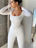 Kliou Solid Concise Two Piece Set Women Skinny Bodycon-shaping Crew Neck Bodysuit+High Waist Slim Sporty Leggings