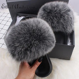 ANERSON Real Fox Raccoon Fur Slippers for Women Fur Slides Flip Flops Beach Plush Fluffy Furry Designer Slippers