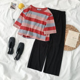 Women Sets Colorful Striped T-shirt Simple Elastic-waist Wild-leg Loose Long Trousers Student Korean Style Casual Comfortable-Outfit